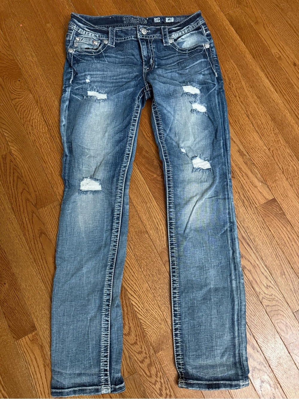 Miss Me Size 29 Low Rise Straight Leg Embellished Distressed Jeans